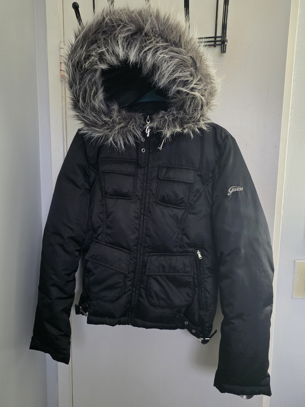 Guess Women's Black Puffer Coat with Faux Fur Trim Hood